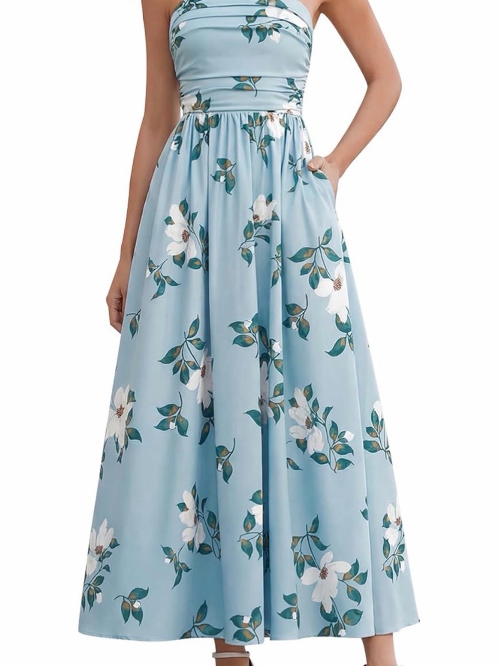Strapless Floral Maxi Dress in Light Blue